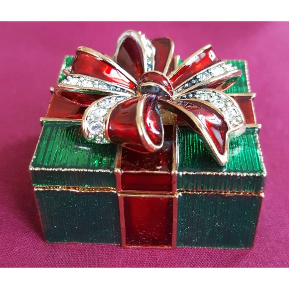 MONET "Green & Red Holiday Gift" Collectible Enamel Crystal Rhinestone Box - Picture 2 of 6